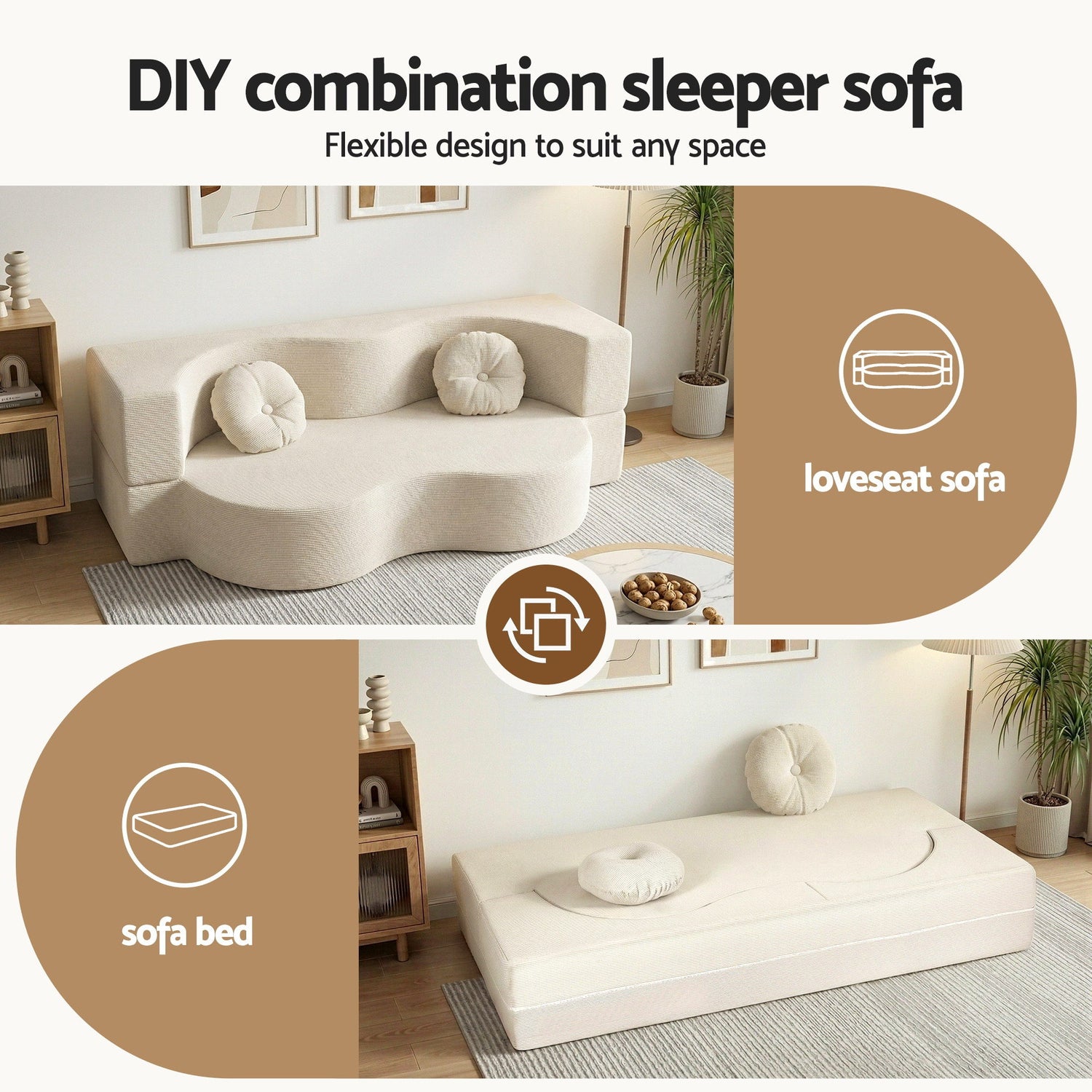 Artiss Folding Sofa Bed Floor Couch 2-in-1 Convertible Futon Loveseat Beige-Furniture > Sofas > Sofas &amp; Sofa Beds-PEROZ Accessories