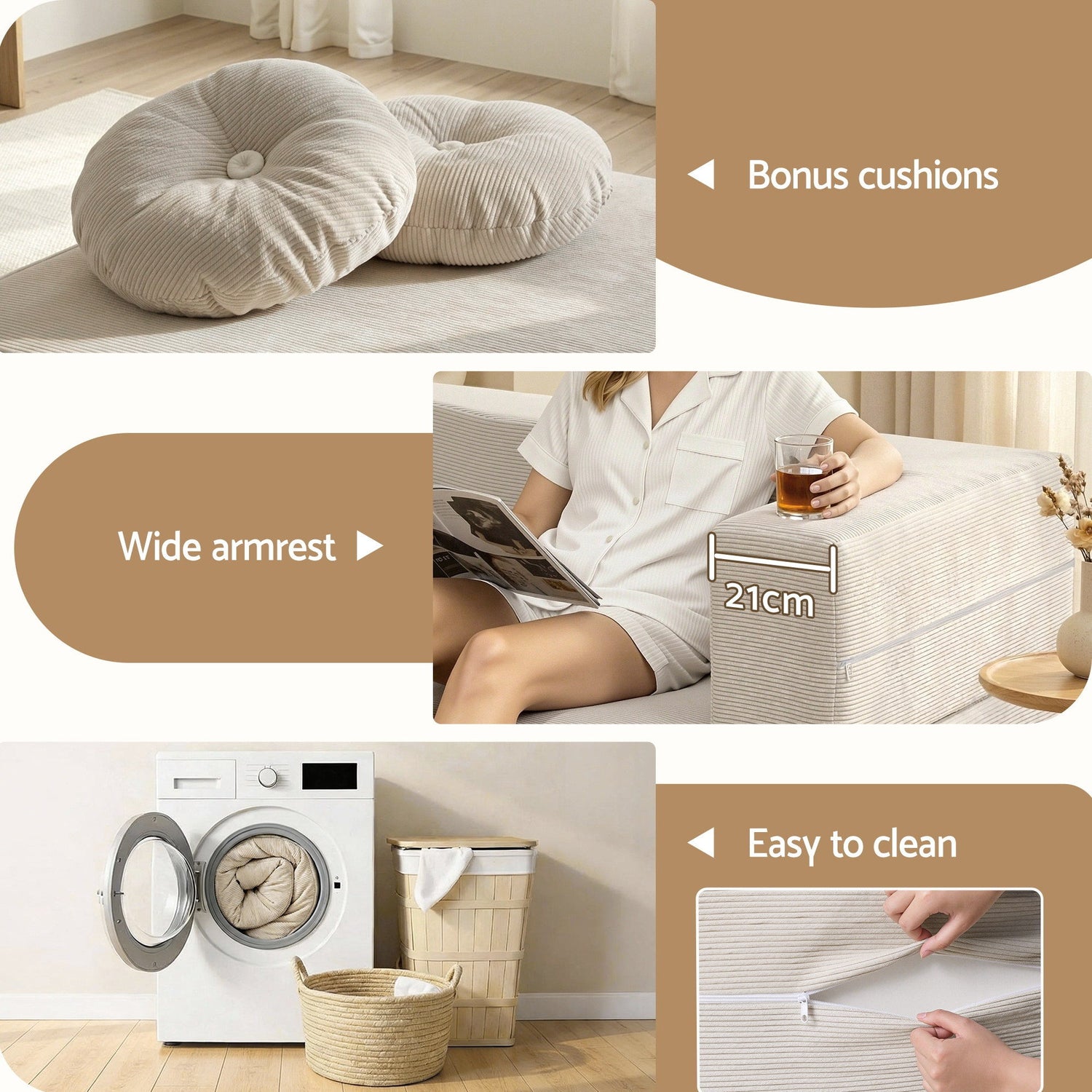 Artiss Folding Sofa Bed Floor Couch 2-in-1 Convertible Futon Loveseat Beige-Furniture > Sofas > Sofas &amp; Sofa Beds-PEROZ Accessories