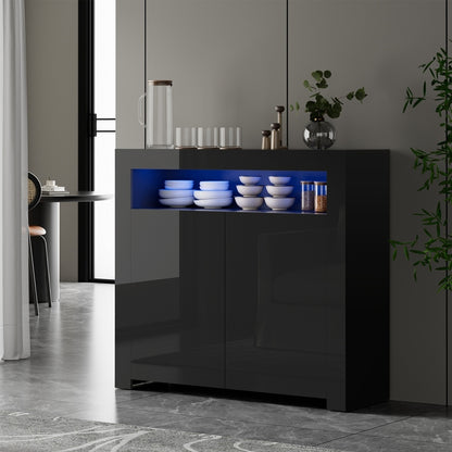 Oikiture Buffet Sideboard LED RGB High Gloss 2 Doors Black-Sideboards-PEROZ Accessories