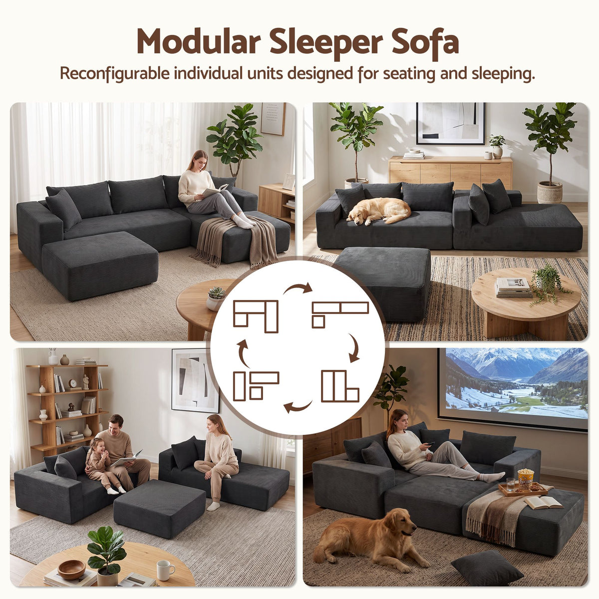 Artiss Modular Sectional Sofa Bed U-Shape 4-Seater Couch Chaise Ottoman Corduroy-Furniture > Sofas > Sofas &amp; Sofa Beds-PEROZ Accessories