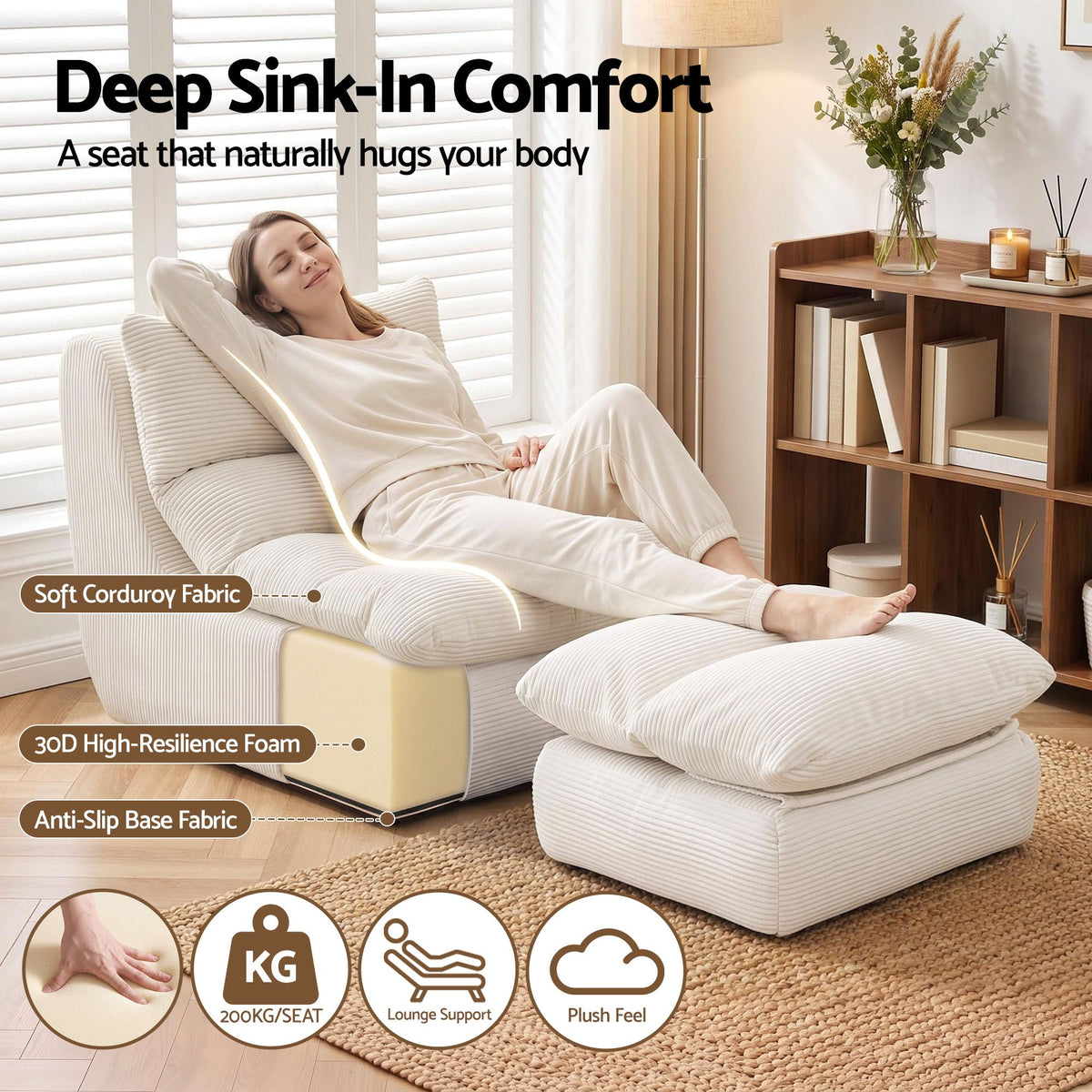 Artiss Lounge Chair Ottoman Single Sofa Couch Boneless Corduroy Chaise Footrest-Furniture > Sofas > Sofas &amp; Sofa Beds-PEROZ Accessories