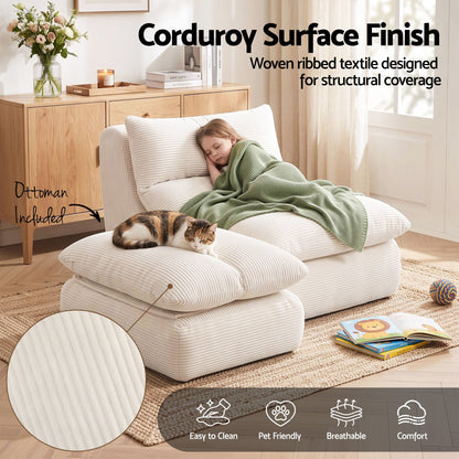 Artiss Lounge Chair Ottoman Single Sofa Couch Boneless Corduroy Chaise Footrest-Furniture > Sofas > Sofas &amp; Sofa Beds-PEROZ Accessories