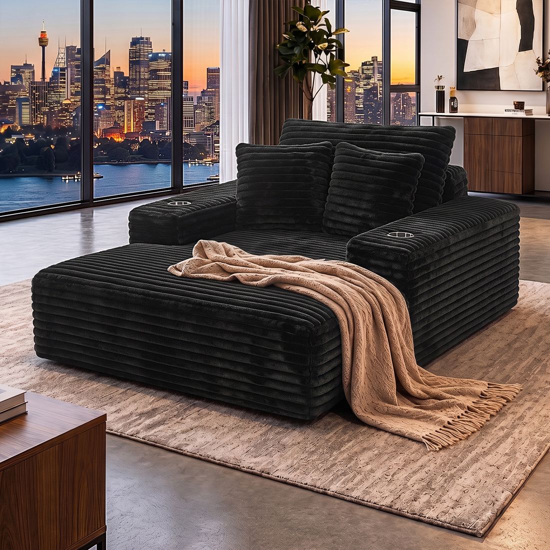 Artiss Sofa Bed Lounge Chair Sleeper Couch Chaise Single Seater Faux Fur Black-Furniture > Sofas > Sofas &amp; Sofa Beds-PEROZ Accessories