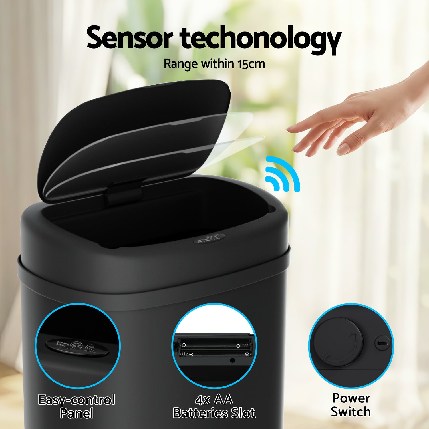 Devanti 50L Sensor Bin Motion Rubbish Automatic Black-Appliances > Kitchen Appliances-PEROZ Accessories