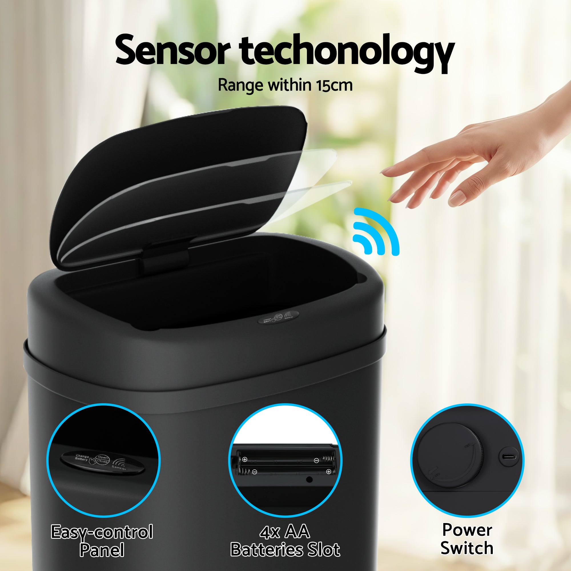 Devanti 50L Sensor Bin Motion Rubbish Automatic Black-Appliances > Kitchen Appliances-PEROZ Accessories
