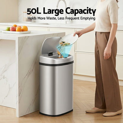 Devanti 50L Sensor Bin Motion Rubbish Automatic Silver-Appliances > Kitchen Appliances-PEROZ Accessories