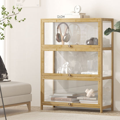 Oikiture Display Cabinet 3-Tier Shelves Clear Oak-Storage Cabinets-PEROZ Accessories