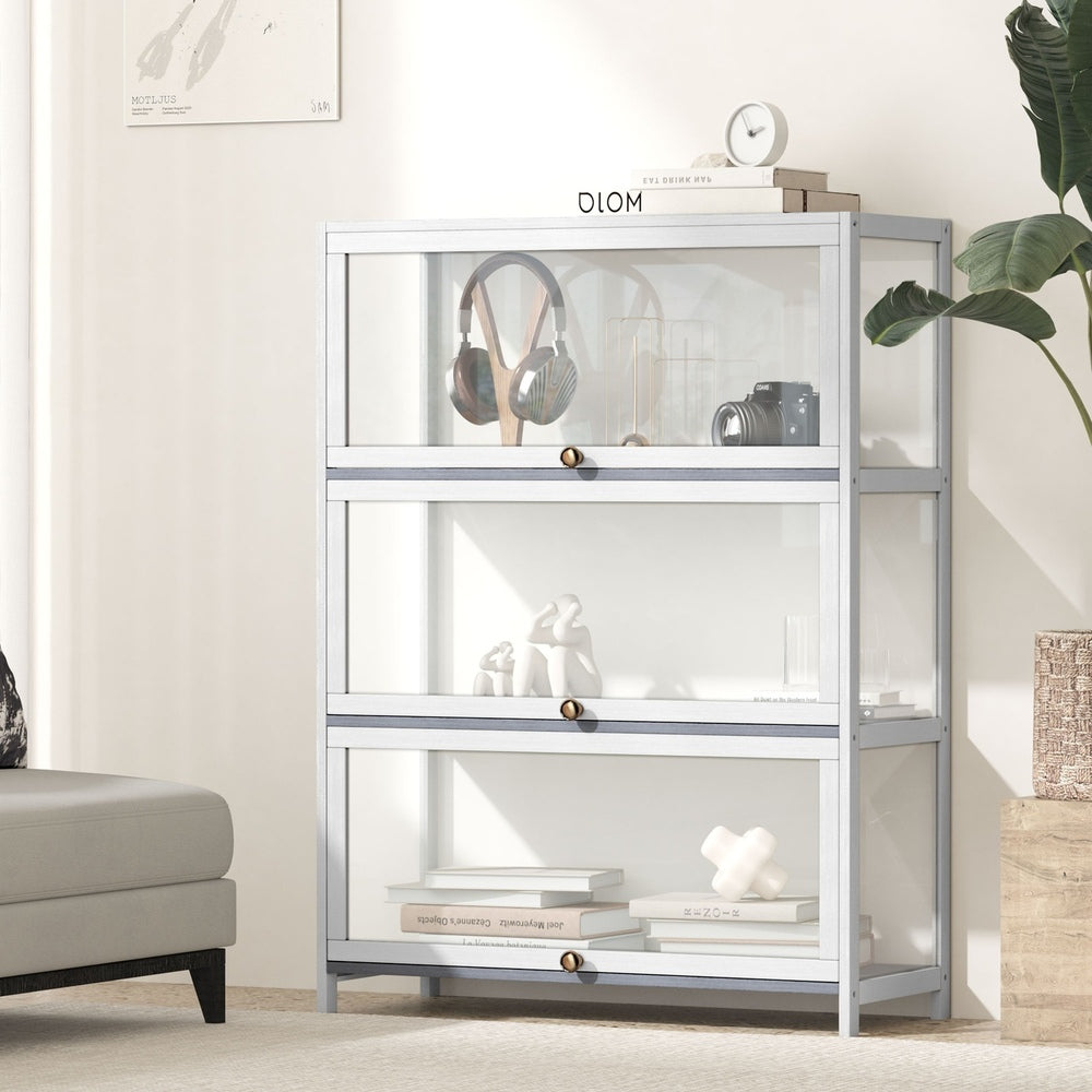 Oikiture Display Cabinet 3 Tiers Clear Door White-Storage Cabinets-PEROZ Accessories