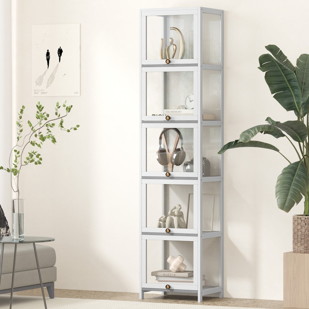 Oikiture Display Cabinet Slim 5-Tier Shelves Clear White-Storage Cabinets-PEROZ Accessories