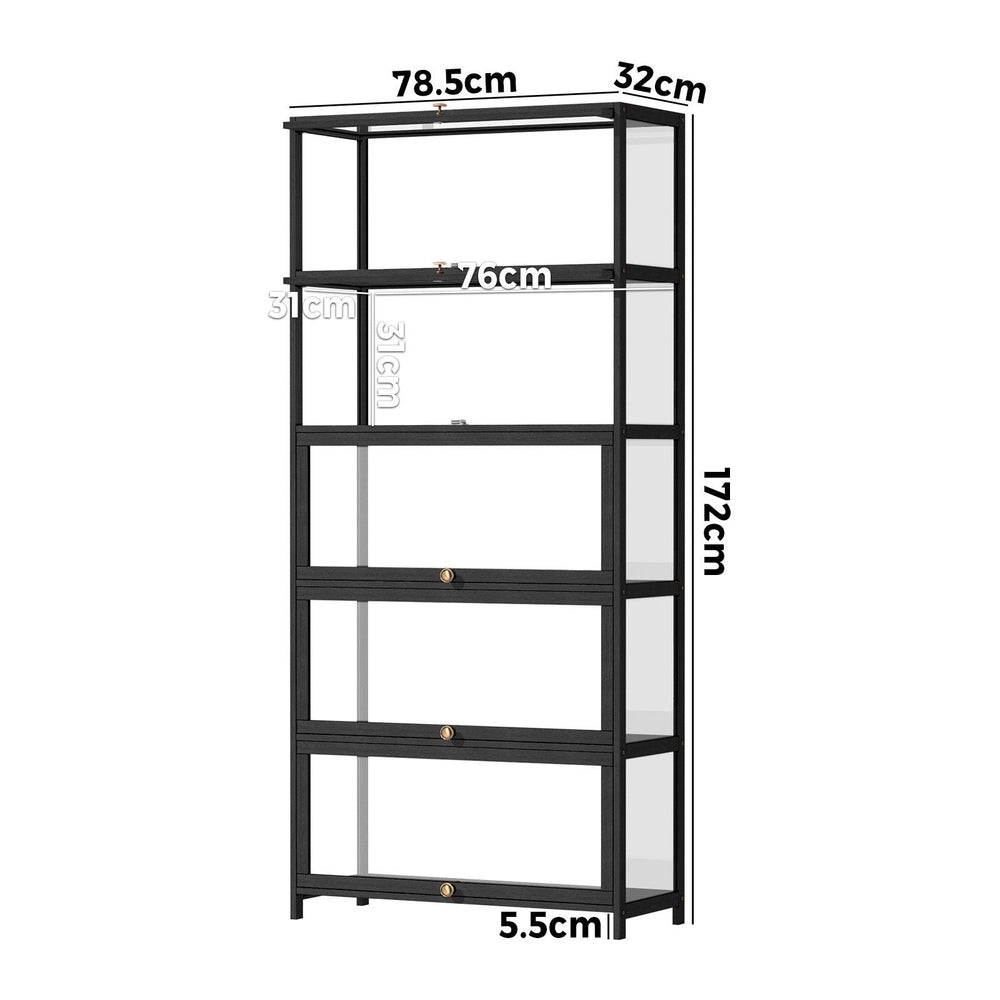 Oikiture Display Cabinet 5 Tiers Clear Door Black-Storage Cabinets-PEROZ Accessories