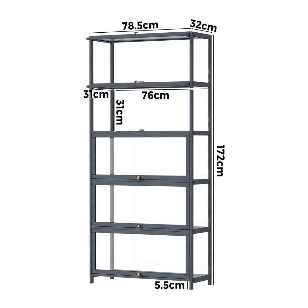 Oikiture Display Cabinet 5 Tiers Clear Door Grey-Storage Cabinets-PEROZ Accessories