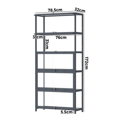 Oikiture Display Cabinet 5 Tiers Clear Door Grey-Storage Cabinets-PEROZ Accessories