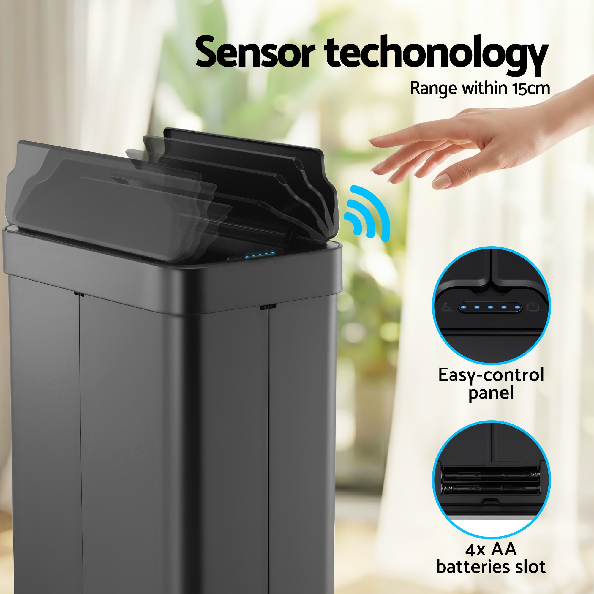 Devanti Rubbish Bin 70L Automatic Sensor Kitchen Bin, Slim Smart Garbage Can Touchless Rectangular with Liner Holder, Fully Closed Lid for Bedroom, Bathroom, Living Room, Black-Home &amp; Garden > Kitchen Bins > Automatic Bins-PEROZ Accessories