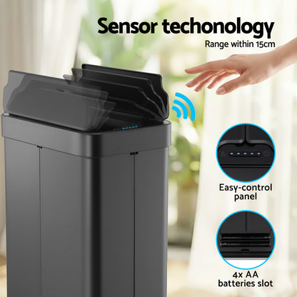 Devanti Rubbish Bin 70L Automatic Sensor Kitchen Bin, Slim Smart Garbage Can Touchless Rectangular with Liner Holder, Fully Closed Lid for Bedroom, Bathroom, Living Room, Black-Home &amp; Garden > Kitchen Bins > Automatic Bins-PEROZ Accessories