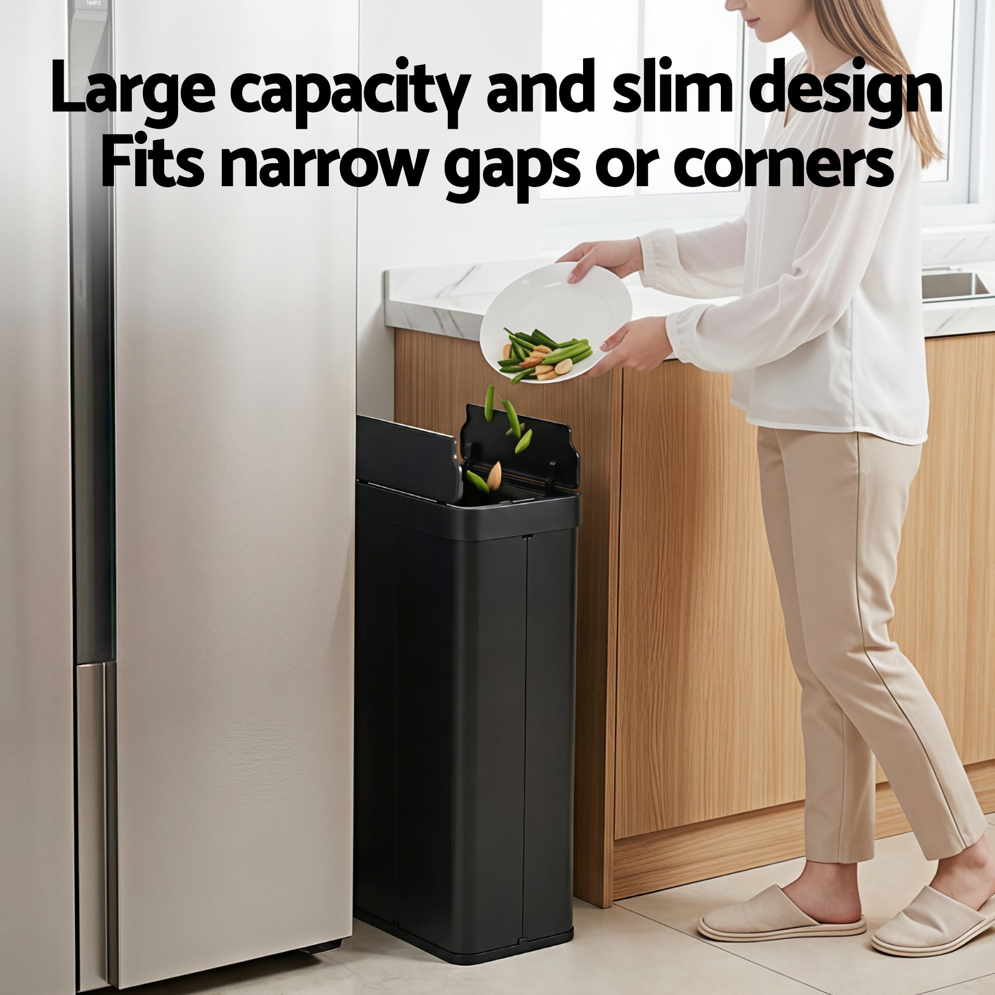 Devanti Rubbish Bin 70L Automatic Sensor Kitchen Bin, Slim Smart Garbage Can Touchless Rectangular with Liner Holder, Fully Closed Lid for Bedroom, Bathroom, Living Room, Black-Home &amp; Garden > Kitchen Bins > Automatic Bins-PEROZ Accessories