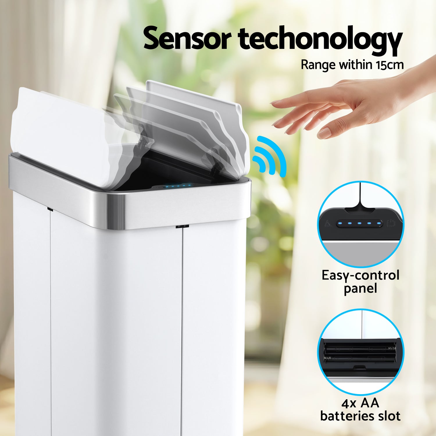 Devanti Rubbish Bin 70L Automatic Sensor Kitchen Bin, Slim Smart Garbage Can Touchless Rectangular with Liner Holder, Fully Closed Lid for Bedroom, Bathroom, Living Room, White-Home &amp; Garden > Kitchen Bins > Automatic Bins-PEROZ Accessories
