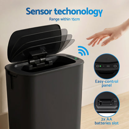 Devanti Automatic Trash Bin with Lid 11L Motion Sensor Kitchen Bin Touchless Garbage Can Modern Black Plastic Slim Rubbish Bin with Liner Holder for Kitchen, Home, Office