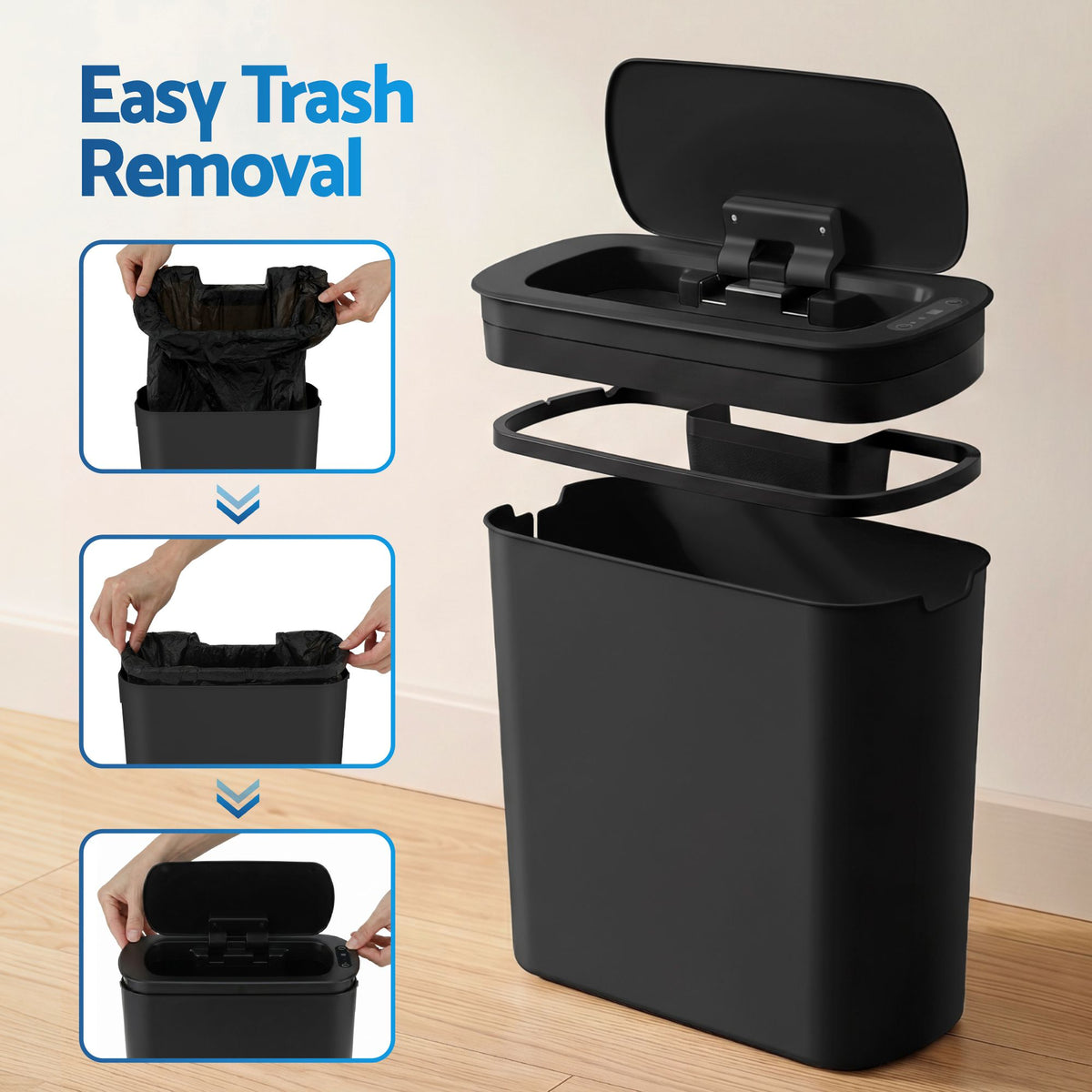 Devanti Automatic Trash Bin with Lid 11L Motion Sensor Kitchen Bin Touchless Garbage Can Modern Black Plastic Slim Rubbish Bin with Liner Holder for Kitchen, Home, Office
