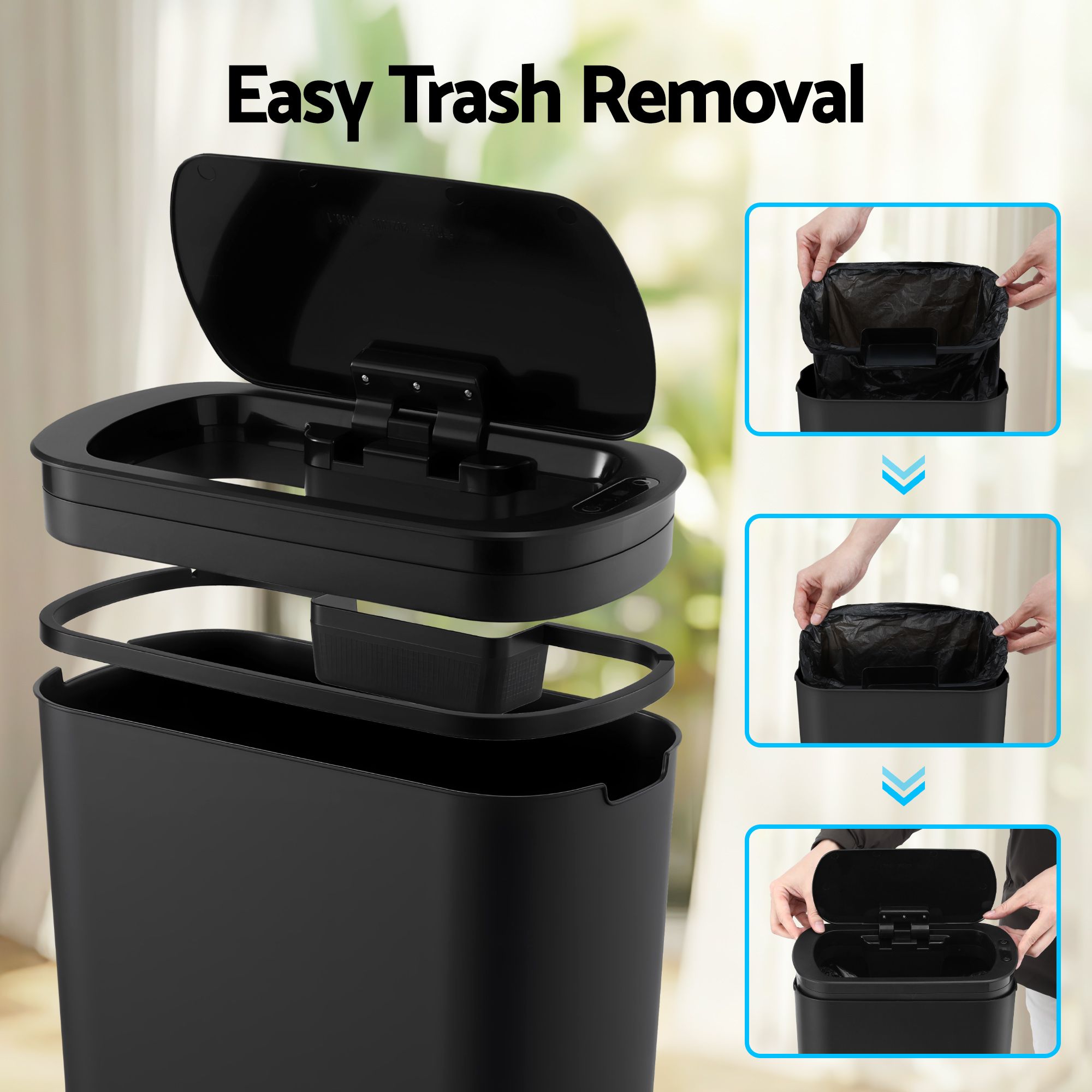 Devanti Automatic Trash Bin with Lid 21L Motion Sensor Kitchen Bin Touchless Garbage Can Modern Black Plastic Slim Rubbish Bin with Liner Holder for Kitchen, Home, Office-Home &amp; Garden > Kitchen Bins > Automatic Bins-PEROZ Accessories