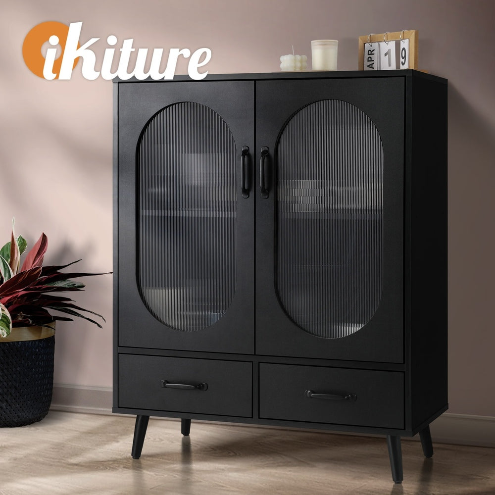 Oikiture Sideboard Buffet Cabinet with Pull Up Drawers, Glass Doors and 2 Tier Storage Cabinet Coffee Bar Table-Sideboards-PEROZ Accessories