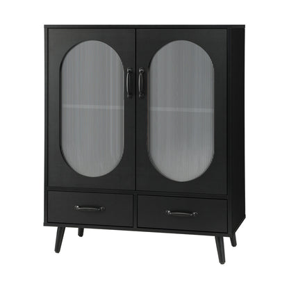 Oikiture Sideboard Buffet Cabinet with Pull Up Drawers, Glass Doors and 2 Tier Storage Cabinet Coffee Bar Table-Sideboards-PEROZ Accessories
