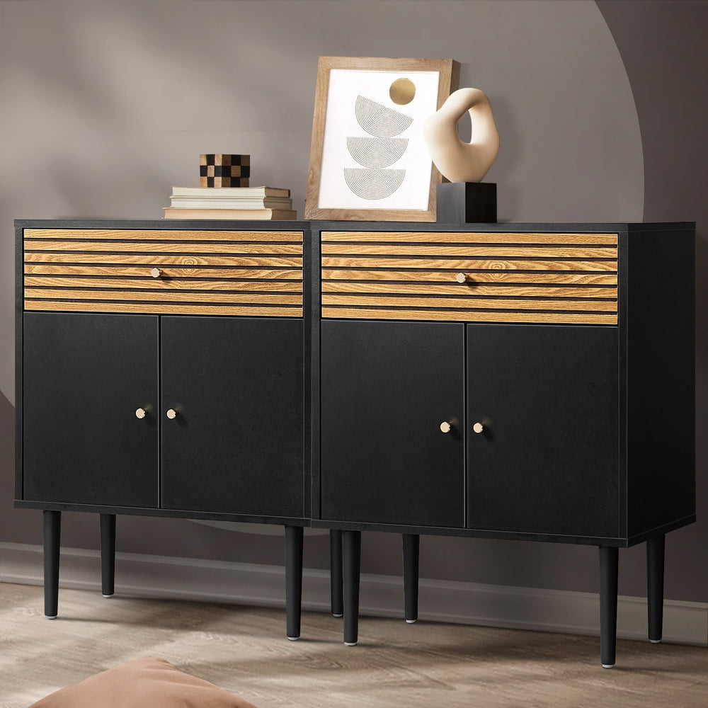 Oikiture 2x Sideboard Buffet Storage Cabinet Cupboard Black and Wood-Sideboard-PEROZ Accessories