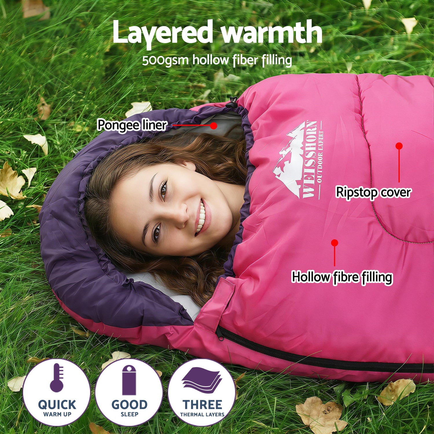 Weisshorn Sleeping Bag Single 213cm Thermal Camping Hiking Pink-Outdoor Recreation > Camping > Sleeping Bags-PEROZ Accessories