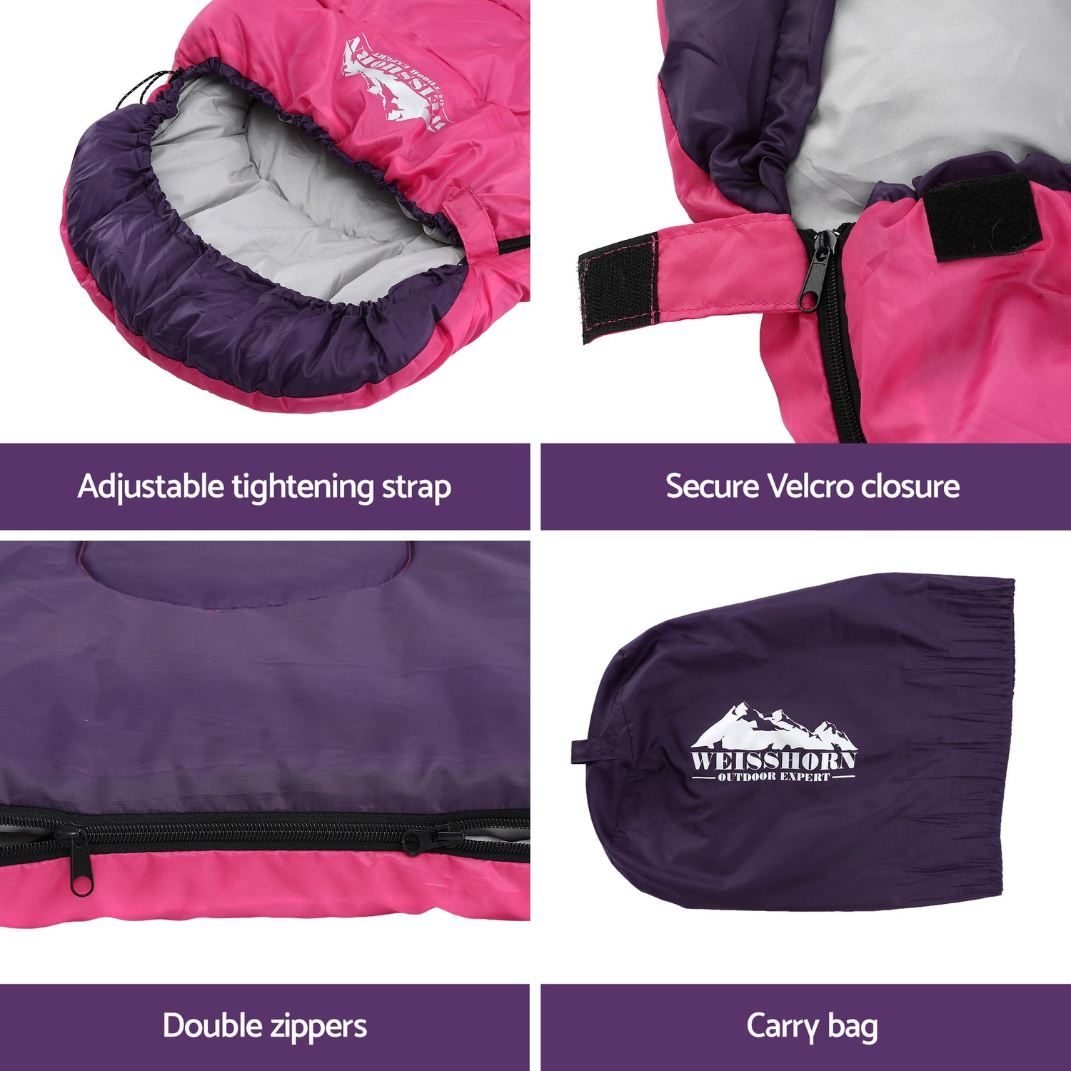 Weisshorn Sleeping Bag Single 213cm Thermal Camping Hiking Pink-Outdoor Recreation > Camping > Sleeping Bags-PEROZ Accessories
