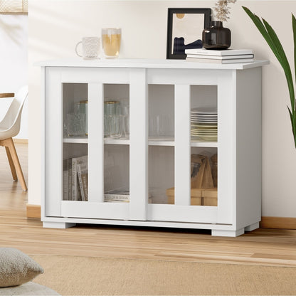 Oikiture Sideboard Buffet Glass Sliding Door White-Sideboard-PEROZ Accessories