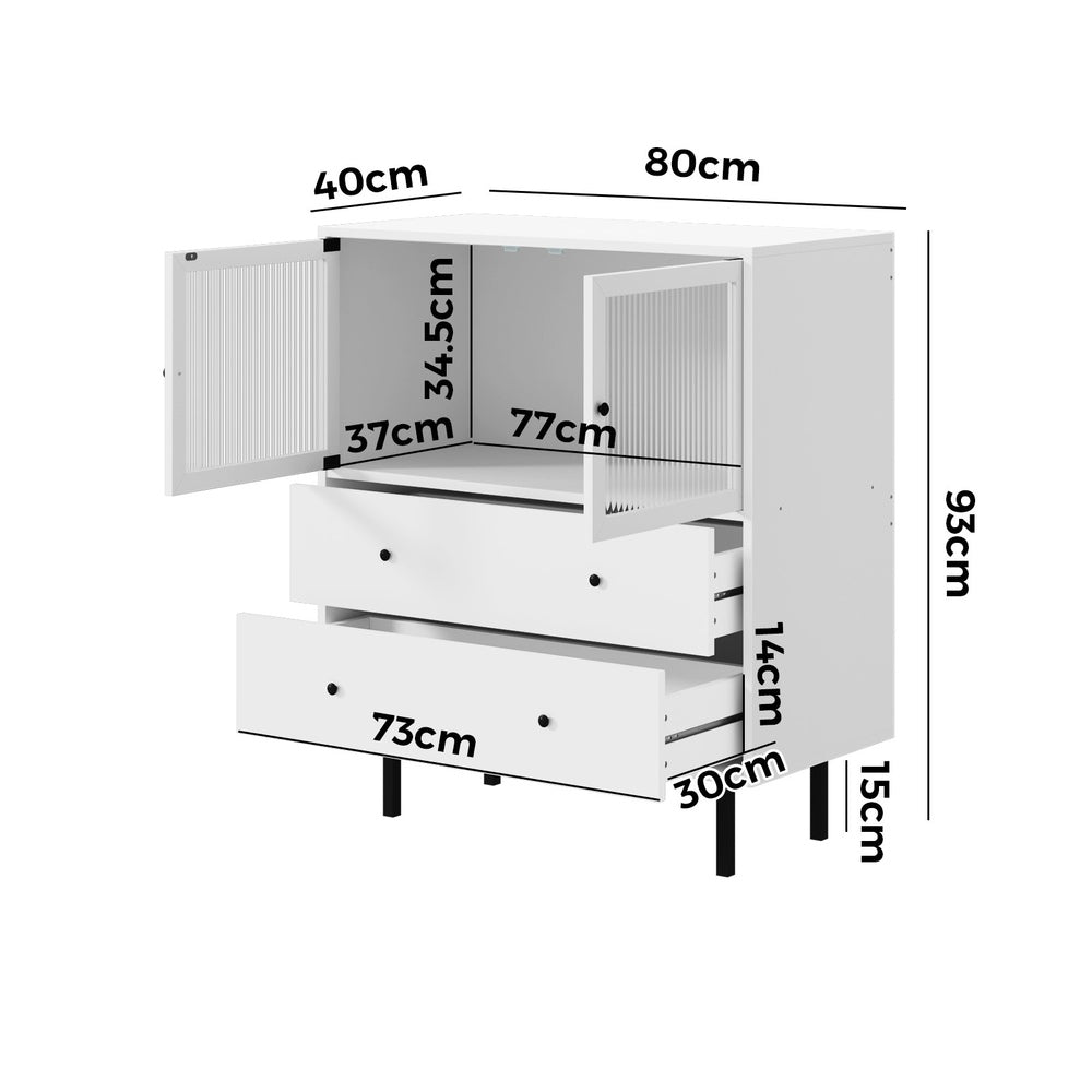 Oikiture Sideboard Buffet Tempered Glass Door 2 Drawers White-Sideboard-PEROZ Accessories