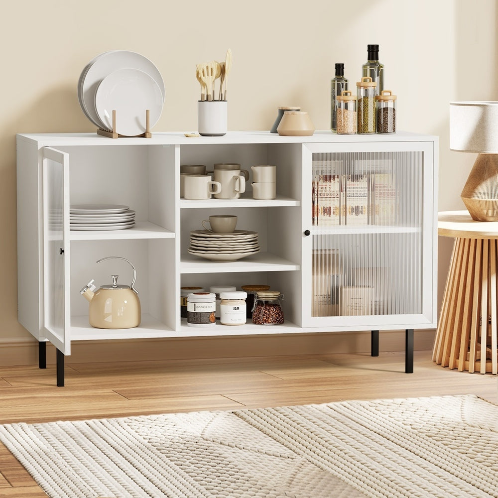 Oikiture Sideboard Buffet Tempered Glass Door 2 Drawers White-Sideboard-PEROZ Accessories