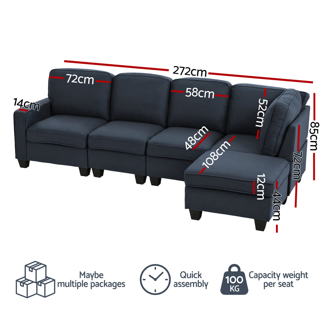 Artiss Modular Sofa Chaise Set 5-seater Dark Grey-Furniture > Sofas-PEROZ Accessories