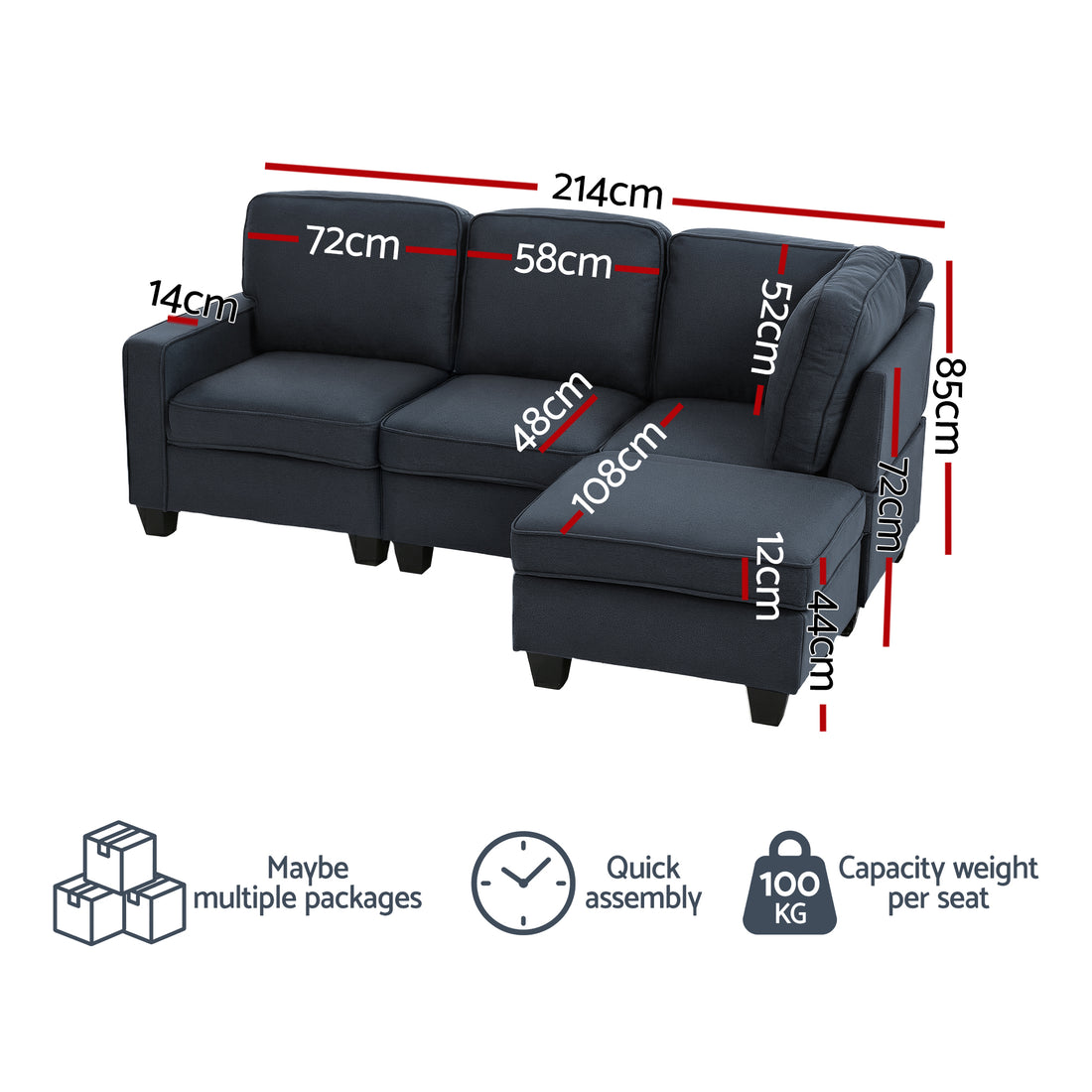 Artiss Modular Sofa Chaise Set 4-seater Dark Grey-Furniture > Sofas-PEROZ Accessories