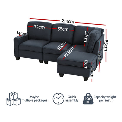 Artiss Modular Sofa Chaise Set 4-seater Dark Grey-Furniture > Sofas-PEROZ Accessories