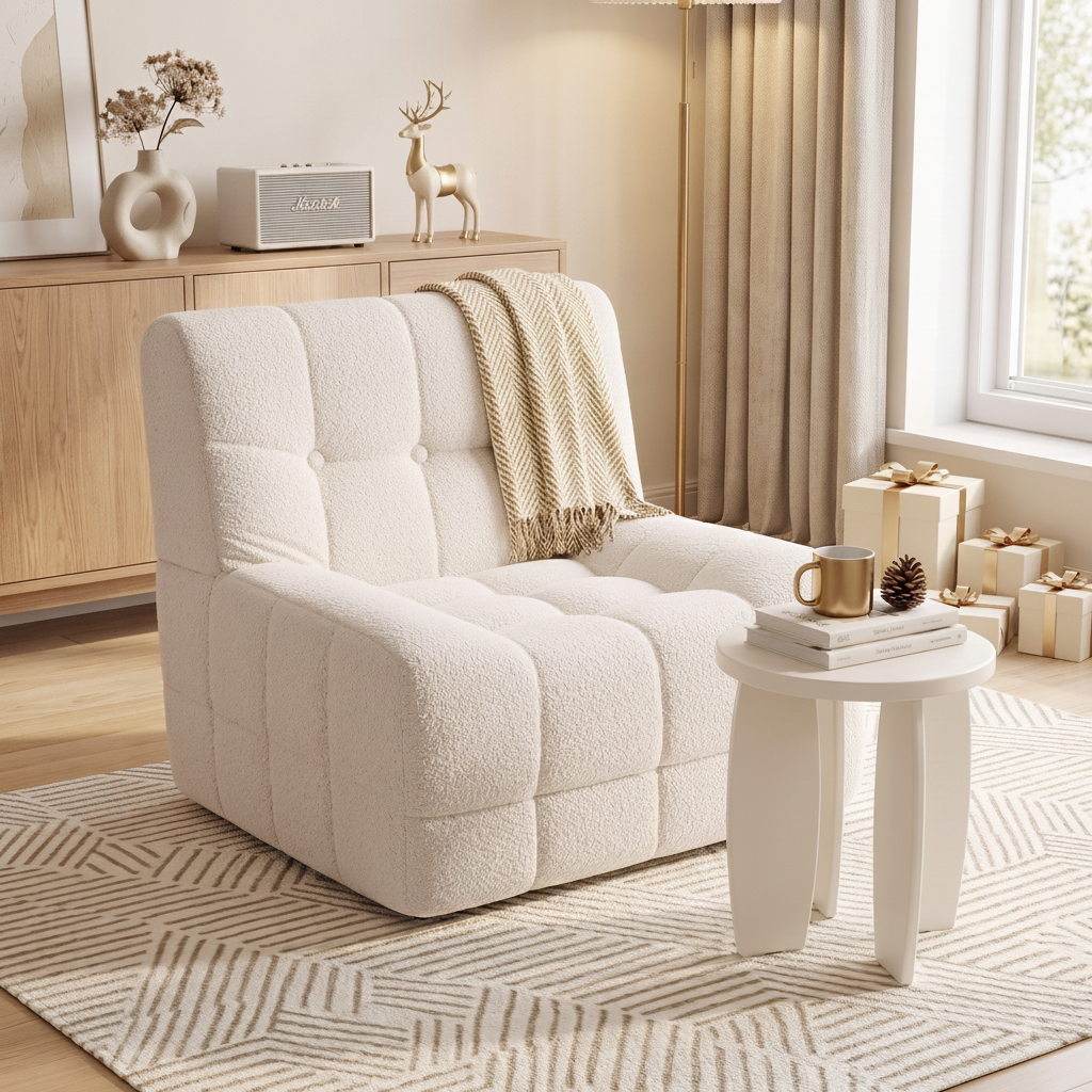 Artiss Single Boneless Sofa &amp; Round End Table Set White-Furniture > Sofas > Sofas &amp; Sofa Beds-PEROZ Accessories