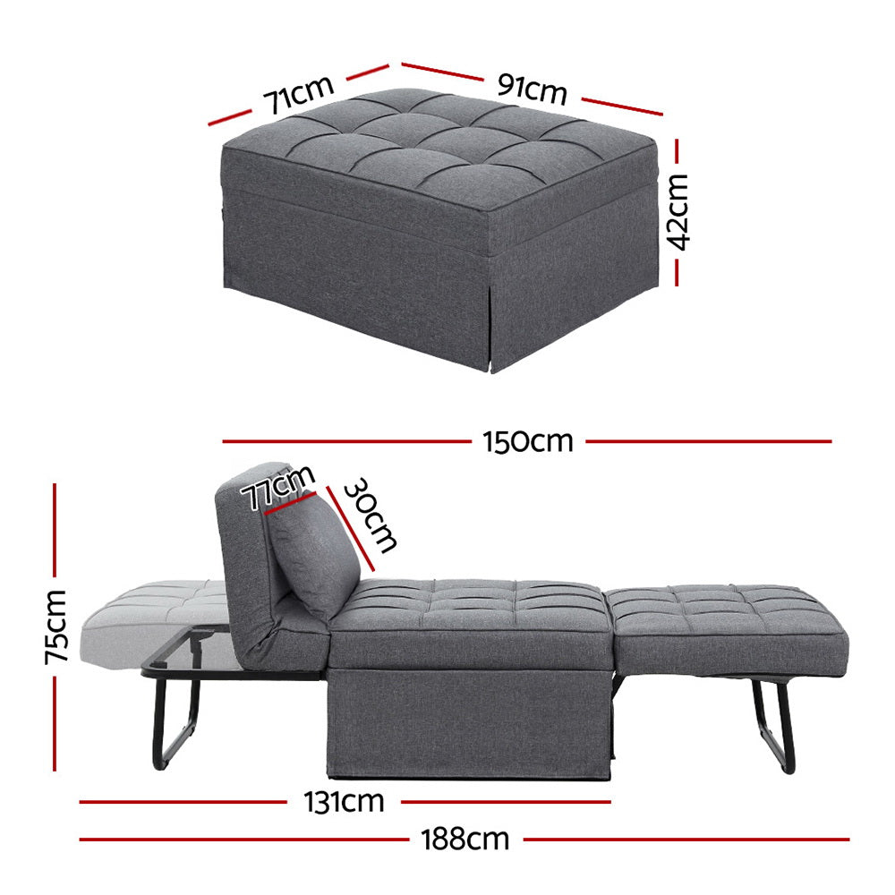 Artiss Sofa Bed Lounge Convertible Ottoman 1 Seater Couch Recliner Linen Grey-Furniture &gt; Living Room-PEROZ Accessories