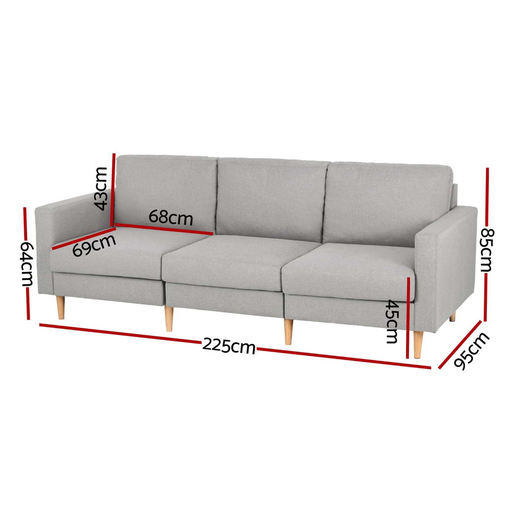 Artiss Sofa 3 Seater Extra Large Linen Fabric Grey-Furniture &gt; Sofas &gt; Sofas &amp; Sofa Beds-PEROZ Accessories