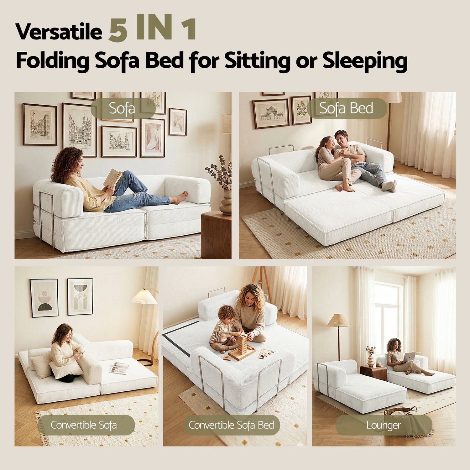 Artiss Convertible Folding Sofa Bed Beign-Furniture > Sofas > Sofas &amp; Sofa Beds-PEROZ Accessories