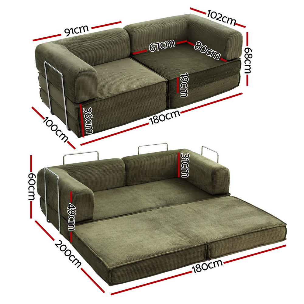 Artiss Convertible Folding Sofa Bed Green-Furniture &gt; Sofas &gt; Sofas &amp; Sofa Beds-PEROZ Accessories