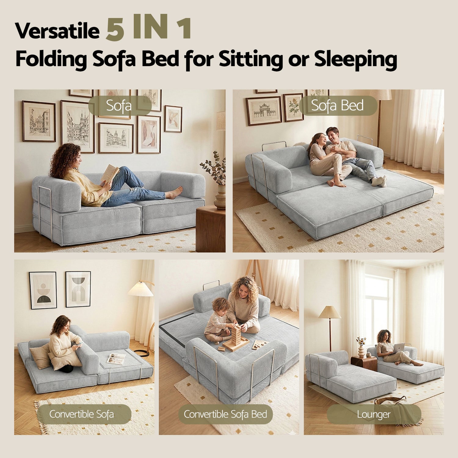 Artiss Convertible Folding Sofa Bed Grey-Furniture > Sofas > Sofas &amp; Sofa Beds-PEROZ Accessories
