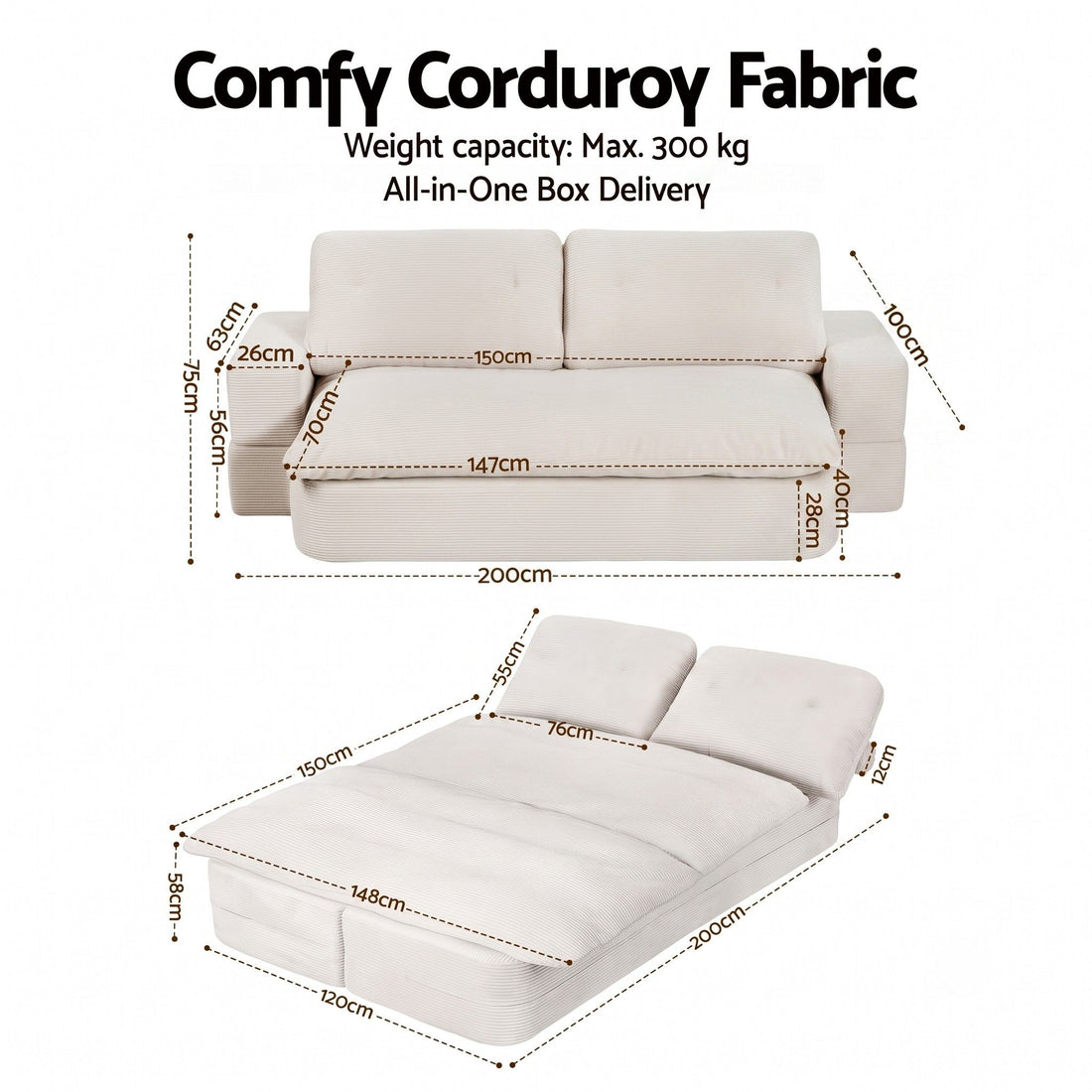 Artiss Convertible Folding Sofa Bed 30D High-Density Foam Boneless Couch with Corduroy Sleeper Couch Lounger for Living Room Beign-Furniture > Sofas > Sofas &amp; Sofa Beds-PEROZ Accessories