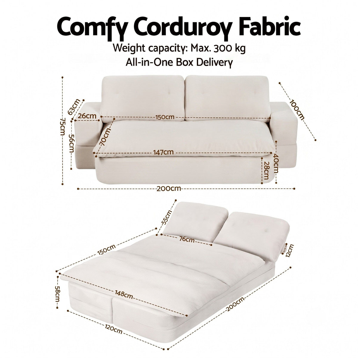 Artiss Convertible Folding Sofa Bed 30D High-Density Foam Boneless Couch with Corduroy Sleeper Couch Lounger for Living Room Beign-Furniture > Sofas > Sofas &amp; Sofa Beds-PEROZ Accessories
