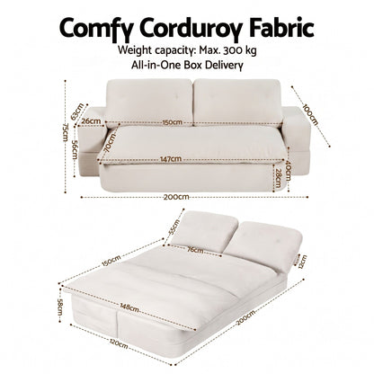 Artiss Convertible Folding Sofa Bed 30D High-Density Foam Boneless Couch with Corduroy Sleeper Couch Lounger for Living Room Beign-Furniture > Sofas > Sofas &amp; Sofa Beds-PEROZ Accessories
