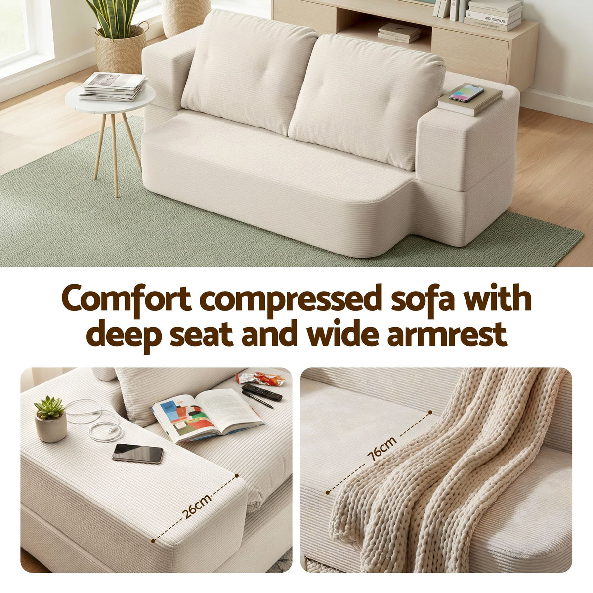 Artiss Convertible Folding Sofa Bed 30D High-Density Foam Boneless Couch with Corduroy Sleeper Couch Lounger for Living Room Beign-Furniture > Sofas > Sofas &amp; Sofa Beds-PEROZ Accessories
