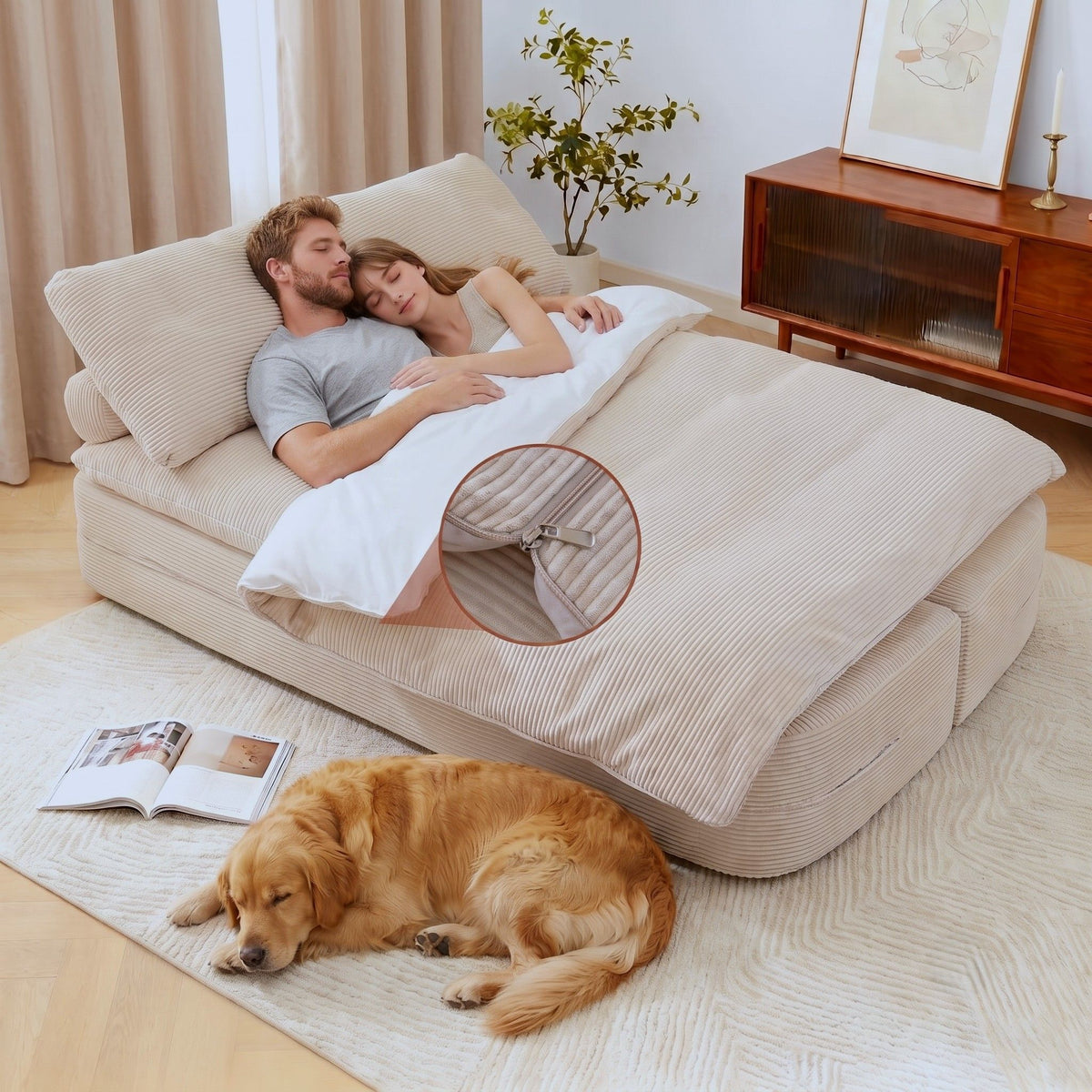 Artiss Convertible Folding Sofa Bed 30D High-Density Foam Boneless Couch with Corduroy Sleeper Couch Lounger for Living Room Beign-Furniture > Sofas > Sofas &amp; Sofa Beds-PEROZ Accessories