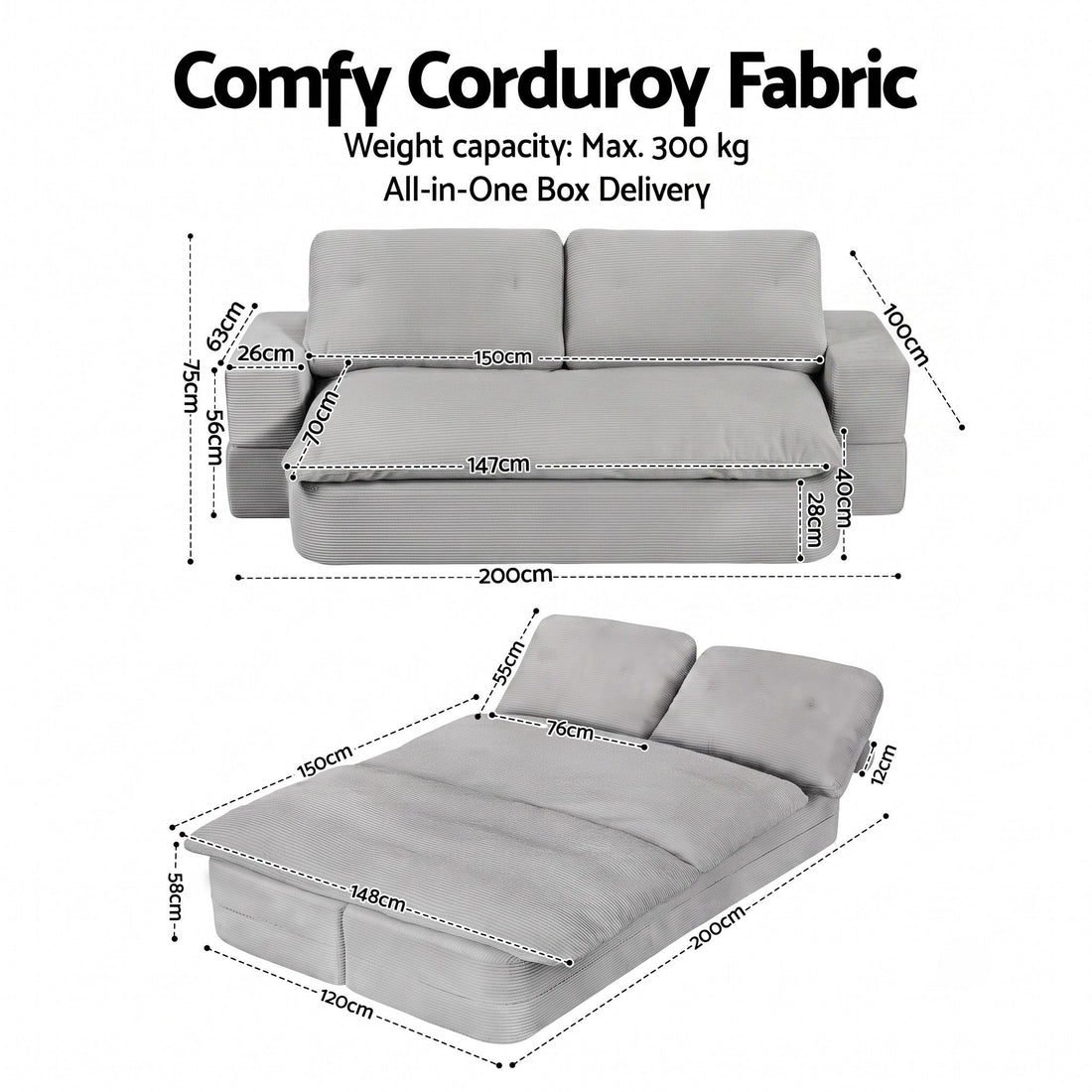 Artiss Convertible Folding Sofa Bed 30D High-Density Foam Boneless Couch with Corduroy Sleeper Couch Lounger for Living Room Grey-Furniture > Sofas > Sofas &amp; Sofa Beds-PEROZ Accessories