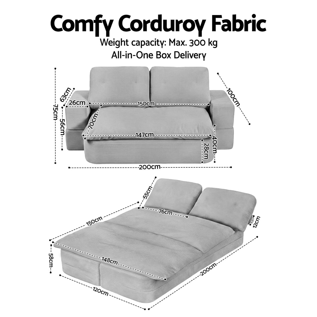 Artiss Convertible Folding Sofa Bed 30D High-Density Foam Boneless Couch with Corduroy Sleeper Couch Lounger for Living Room Grey-Furniture > Sofas > Sofas &amp; Sofa Beds-PEROZ Accessories