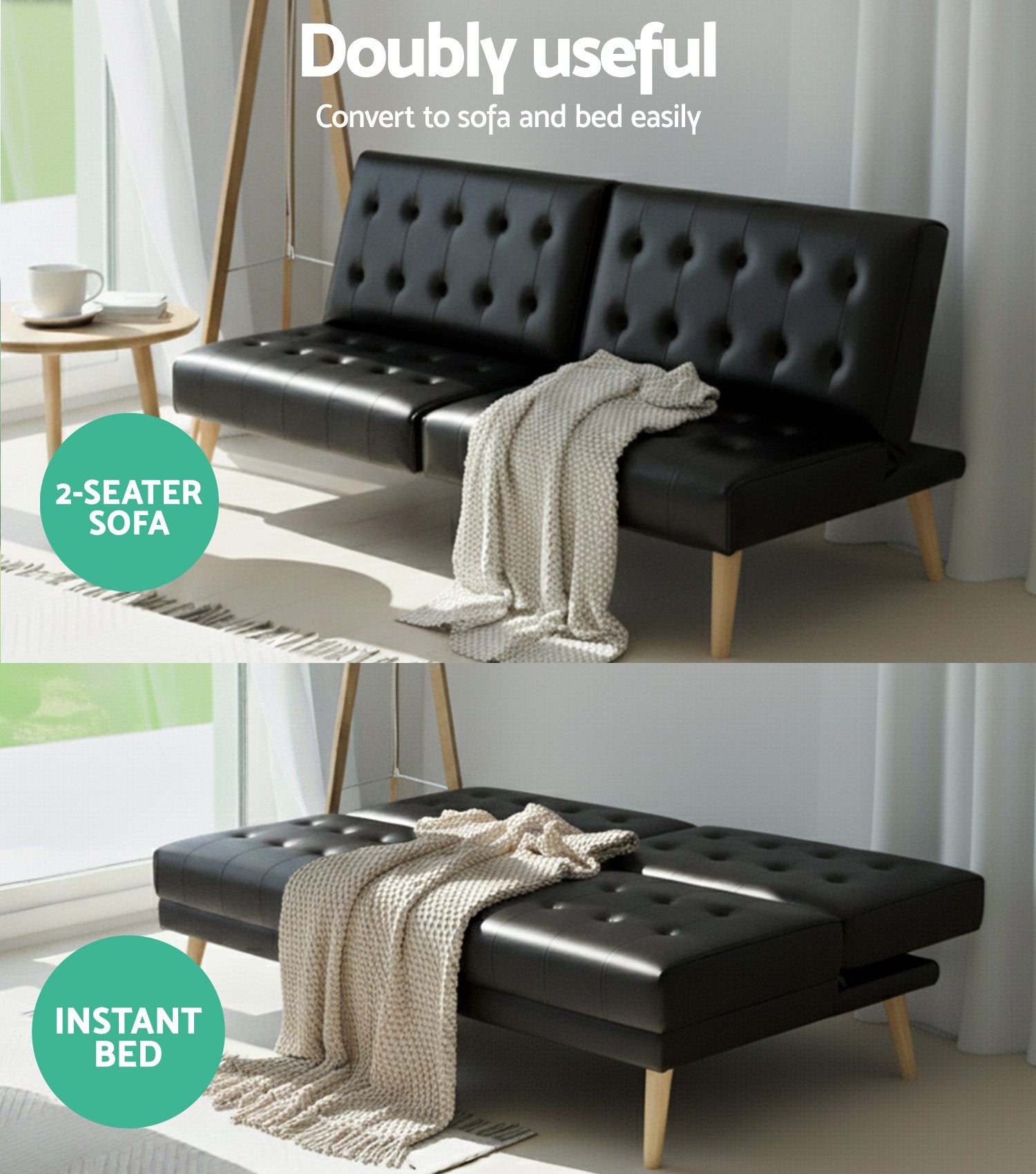 Artiss Sofa Bed Couch 1 Seater Lounge Fabric Black-Furniture &gt; Sofas &gt; Sofas &amp; Sofa Beds-PEROZ Accessories