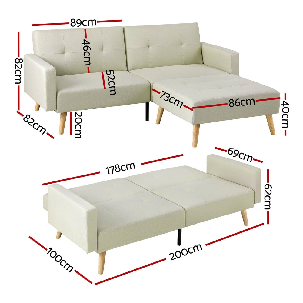 Artiss Sofa Bed Lounge Convertible Ottoman Couch Recliner 3 Seater Fabric Beige-Furniture &gt; Living Room-PEROZ Accessories