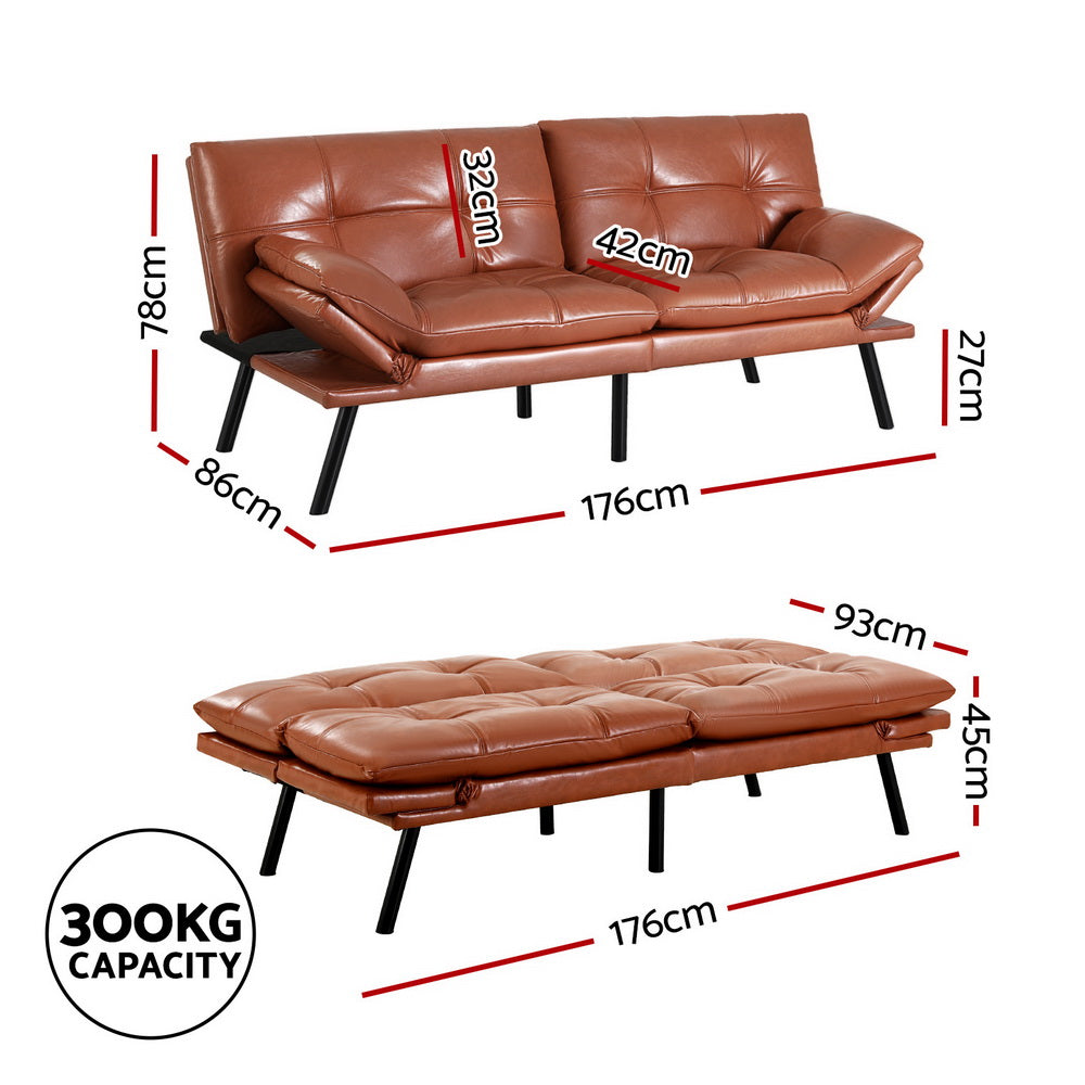 Artiss Sofa Bed Convertible 3 Seater Couch Recliner Lounge Chair Leather Brown-Furniture &gt; Sofas &gt; Sofas &amp; Sofa Beds-PEROZ Accessories